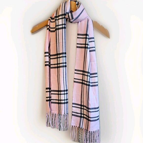 Made In Scotland 100% CASHMERE Scarf With Fringe Pink/Black Plaid 12 x 72" - Picture 1 of 4